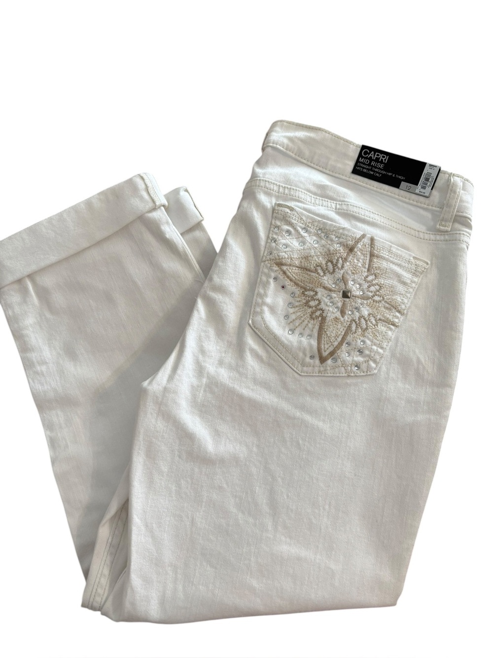 Apt. 9 White Denim Capri Jeans Size 12 NWT Mid Rise Cuffed Summer